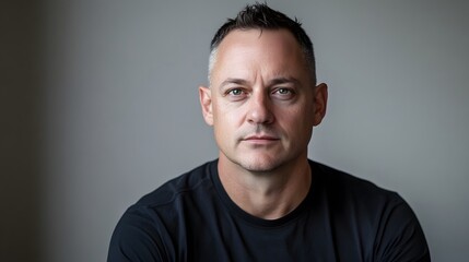 Obraz premium Headshot of a man with short, dark hair and green eyes. He's wearing a black t-shirt and has a serious expression. The background is a neutral gray.