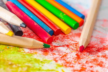 Soft pastels and pencils, bright colours. Colored chalk for creativity, drawing and hobbies.