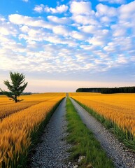 Fototapeta premium The serene rural landscape shows a dirt road winding through a golden wheat field extending to the horizon beneath a bright, partly cloudy blue sky and a lone green tree