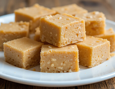 Delicious penuche fudge pieces arranged on a white plate, showcasing a creamy texture and rich color