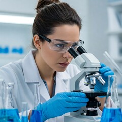 female scientist looking through microscope