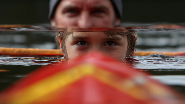 Father and son kayaking on a calm lake, bonding and exploring nature on a peaceful outdoor adventure.Parentig and family concept.