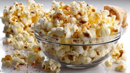 a delicious bowl of freshly popped popcorn with a sprinkle of salt on a white isolated background, light and crispy design