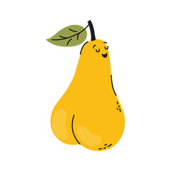 Cute funny yellow pear in simple style. Female figure type “pear”. Hand drawn vector illustration. Concept of self-confidence, self-love.
