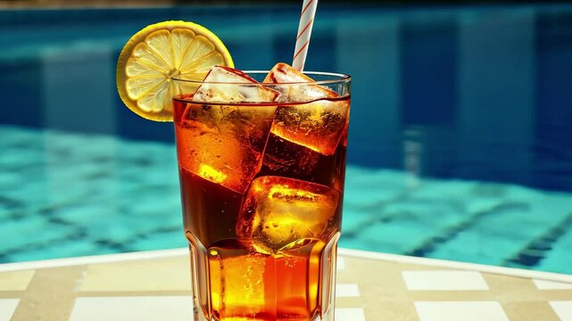 A refreshing glass of iced tea with ice cubes and a lemon slice sits on a table by the poolside in the sun on a hot summer day