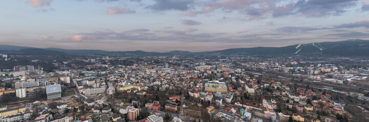 Wide panorama: skyline cityscape of Liberec, Czech Republic