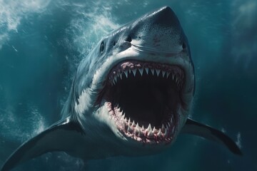 Fototapeta premium Massive shark displays wide open mouth with sharp teeth underwater in an ocean environment, A giant shark with its mouth wide open and teeth bared, swimming towards the camera