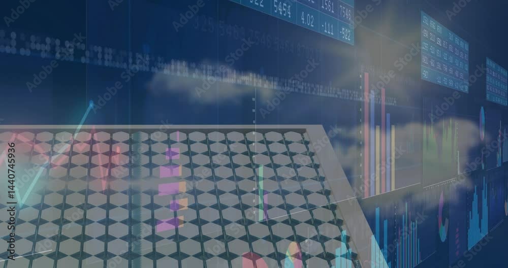 Poster financial data visualization being animated in virtual scene with 3d hex grid and scrolling charts