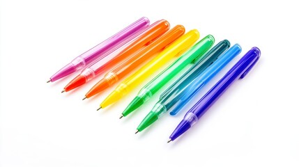 Fototapeta premium Rainbow colored pens arranged on a white background. Bright, cheerful and colorful stationery.