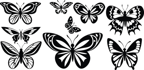 Fototapeta premium Collection of Black Butterfly Silhouettes with Ornamental Wing Designs