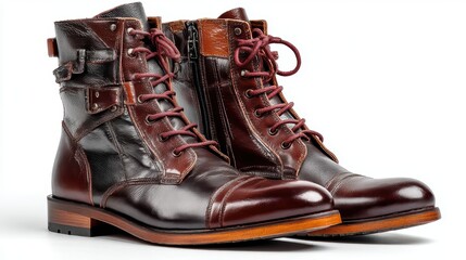 a stylish pair of leather boots on a white isolated background, fashionable and sleek design