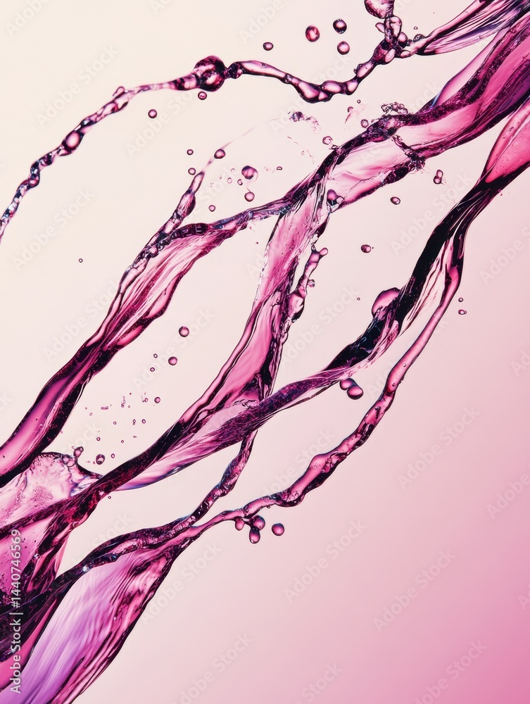 Poster dynamic shot of vibrant magenta liquid streams cascading against a soft pink backdrop creating a vis