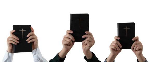 Hands holding Holy Bible. Cross on a dark cover book. Sacred scripture. Isolated background