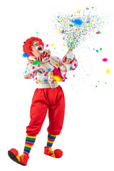 Funny clown pulling carnival cracker. Entertainer Joker in colorful suit and wig.Trickster, jester,...