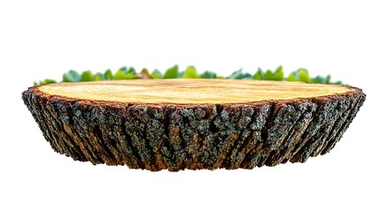 Obraz premium Rustic wooden tree stump platform with lush green foliage. Perfect for product display or nature concept