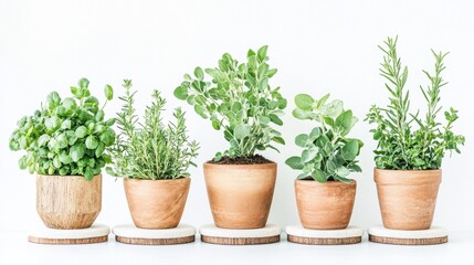 Fototapeta premium Five potted herbs in terracotta pots on cork coasters against a white background. Bright, natural light. Healthy, vibrant greenery.