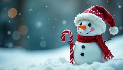 Fototapeta premium Adorable snowman with carrot nose, wearing a festive hat, holding a candy cane , december, cartoon