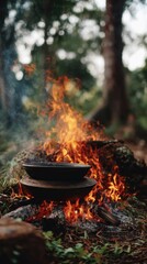 Outdoor Cooking Adventure with Fiery Flames and Rustic Pots in a Lush Forest Setting Capturing the Essence of Nature and Culinary Exploration with Warmth and Depth