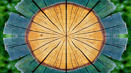 Symmetrical wood slice with concentric rings, mirrored blue edge, green backdrop