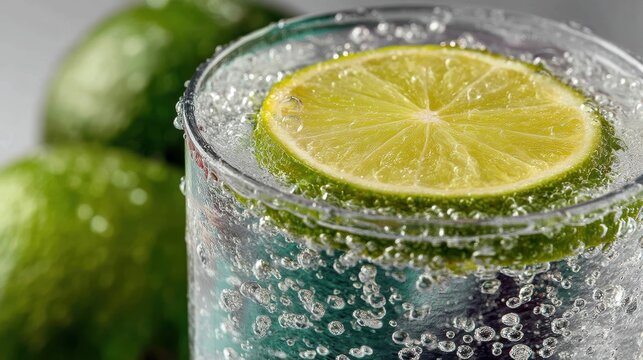 a close-up of a glass of sparkling water with a slice of lime on a white isolated background, refreshing and crisp design