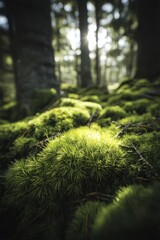Lush green moss covering forest floor with sunlight filtering through trees creating a serene natural environment and tranquil atmosphere in a woodland setting