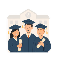 Obraz premium Students awarding of diploma. Young girls and boy with certificate in his hand wearing gown and graduate caps. 