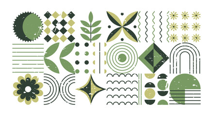 Vintage geometric background with distressed texture. Rough grunge grainy mosaic organic pattern. Green conceptual collage. Grain vector noise particles. Minimalistic flat modern abstract illustration