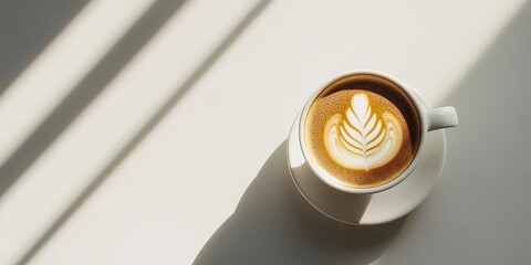 Latte art in a white cup on a white background, illuminated by sunlight creating strong shadows.