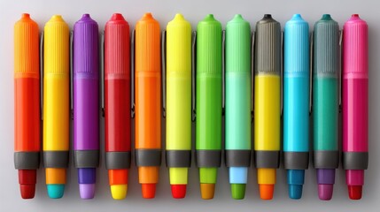 a set of brightly colored highlighters arranged in a row on a white isolated background, vibrant and office-ready design