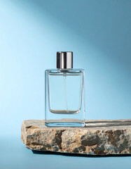 Elegant glass perfume bottle on rough stone slab. Luxury beauty product. Minimalist design.