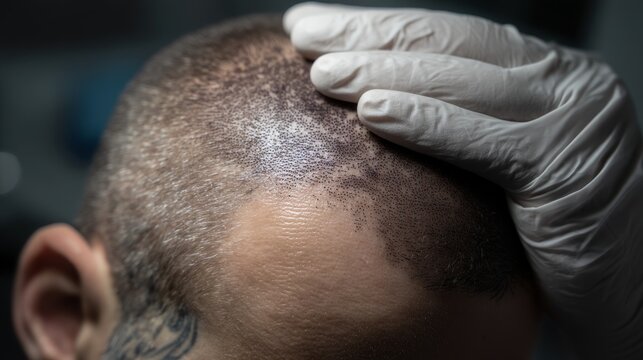 Close-up of hair transplant procedure on adult male with tattoo and gloved hand