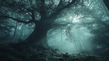 Majestic ancient tree stands tall in a foggy forest. Mysterious atmosphere surrounds the gnarled branches, inviting exploration.