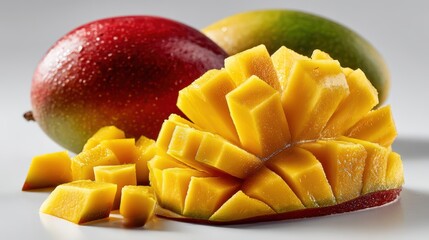 a fresh mango sliced into pieces on a white isolated background, tropical and refreshing design