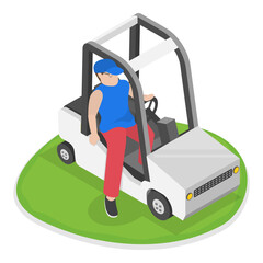 3D Isometric Flat Vector Illustration of Golfers, Players on the Course with Clubs and Carts. Item 1