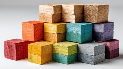 a stack of colorful wooden blocks arranged on a white isolated background, playful and educational design