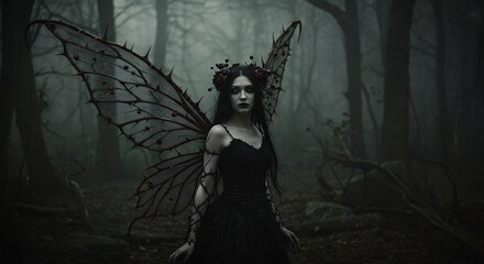 Mysterious figure with winged appearance in a dark forest setting