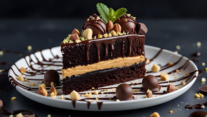 Decadent Three-Layer Chocolate Cake with Peanut Butter Filling and Ganache