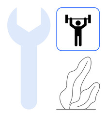 Barbell lifting figure in a square, large wrench, abstract plant design suggest innovation, fitness, repair, growth. Ideal for fitness app, maintenance tools, self-improvement sustainability