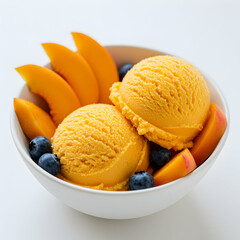A white bowl filled with two scoops of yellow ice cream, mango slices, and blueberries on white background