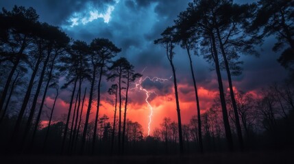 Fototapeta premium Stunning view of lightning striking trees with a dramatic sunset sky in the background. Nature shows its power and beauty.