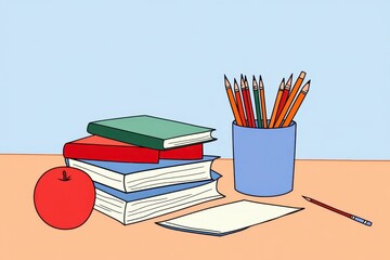 Stack of books, colored pencils in a cup, a red apple, and blank paper on a light brown table against a light blue background. Simple illustration style.