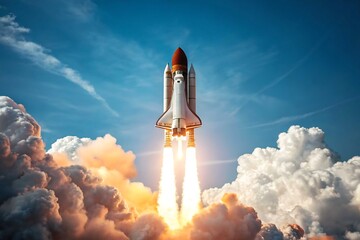 Rocket Ship Soaring Above Clouds White Shuttle with Fiery Thrust Against Blue Sky