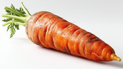 a bright orange carrot with a green top on a white isolated background, fresh and healthy design