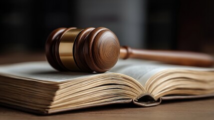 Wooden gavel and open law book on a courtroom desk with legal literature in the background
