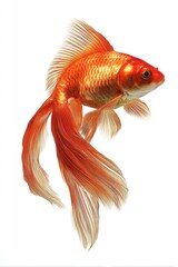 Elegant goldfish swimming gracefully with flowing fins against a pristine white backdrop showcasing vibrant orange hues and intricate scale details in a captivating aquatic scene