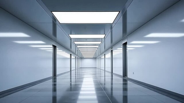 Futuristic corridor, sleek design, modern architecture, glossy floor, stainless steel doors, bright lights, clean lines, empty space, hallway, perspective, interior design