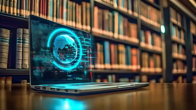 Laptop Displaying Digital World Map and Network Security Interface in Library Setting

