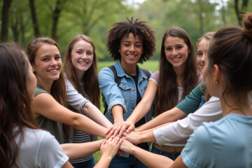 Seven young women smiling and joining hands in a park, showcasing unity and friendship.
