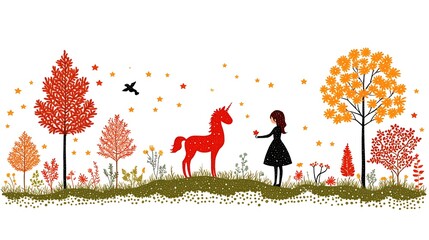 Autumnal scene with a red unicorn and girl.