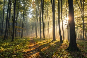 Obraz premium Sunlight Through Forest Trees – Serene Morning Nature Landscape